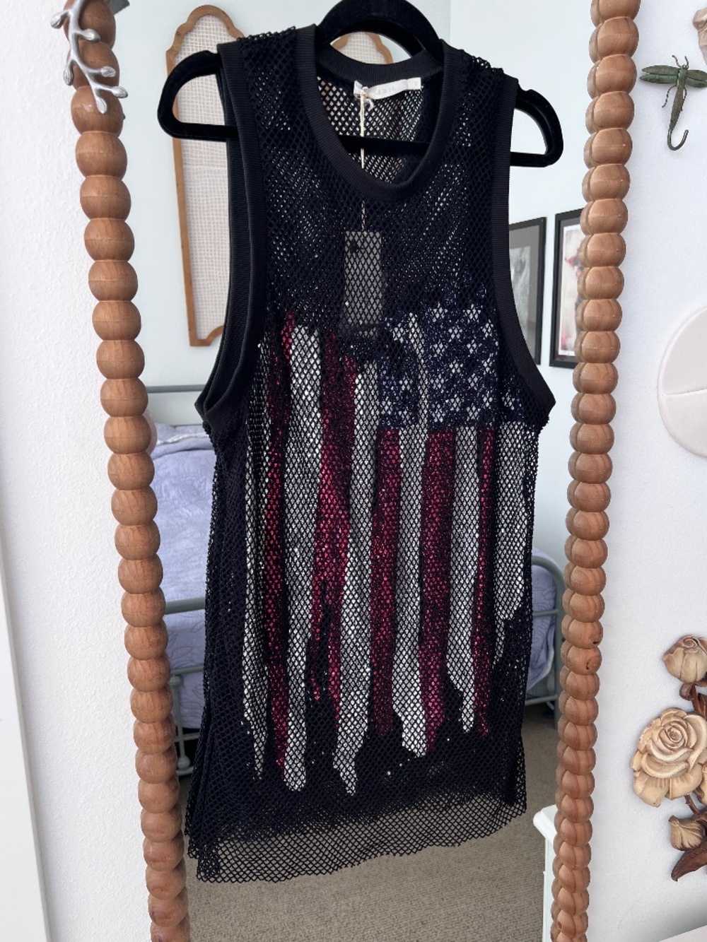 AMEN Black Fishnet Mesh Sequin American Flag Tank Top NWT